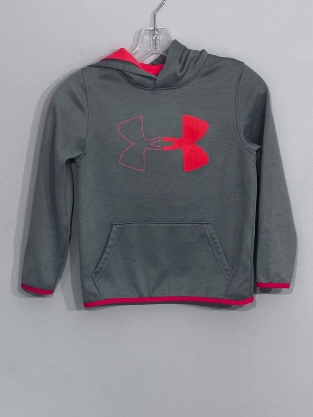 Under Armour Kids Heather Gray Hoodie with Bright Red-Orange Logo Boys Small